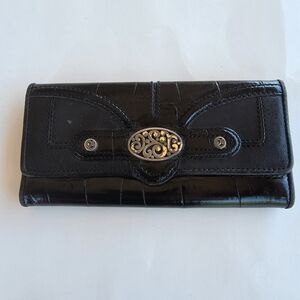 Brighton  Women's Black Croc Trifold Wallet with Decorative Metal Accent